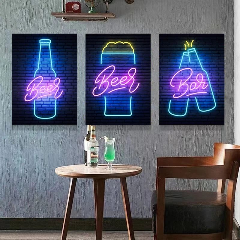 Neon Effect Beer Bar poster Retro Pub Beer Wine drinks Wall Art Prints Picture Canvas painting wine shop club room home decor