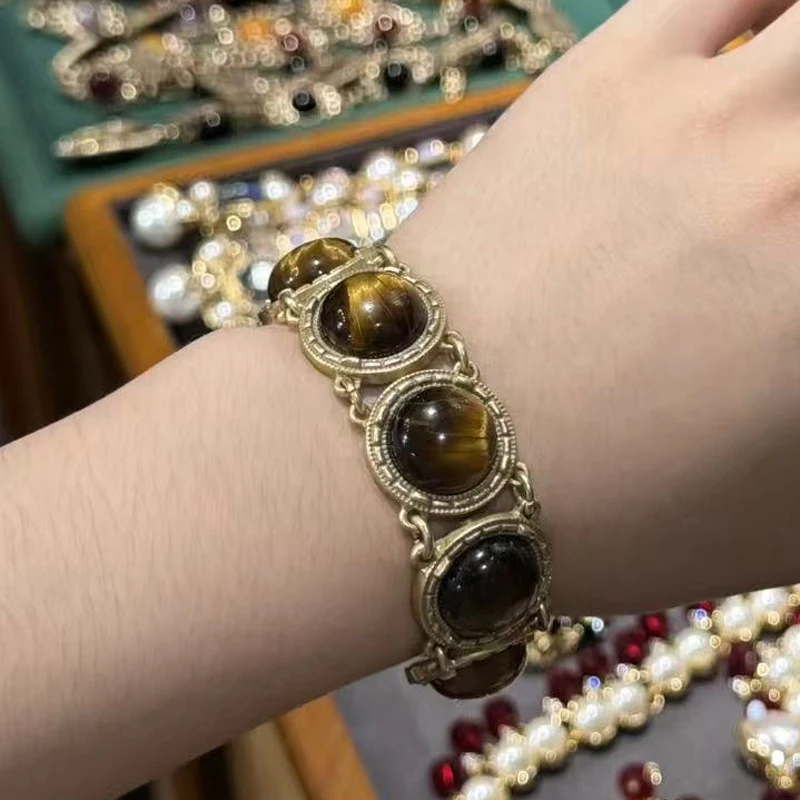 

Vintage Brown Tiger Eye Stone Luxury Bracelet For Women Round Jewelry High Quality Accessories Anniversary Christmas Trends 2025