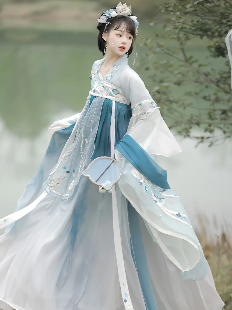 Women Chinese Traditional Blue Hanfu Costume New Style Lady Han Dynasty Dress Embroidery Wei Jin Dynasty Princess Folk Dance