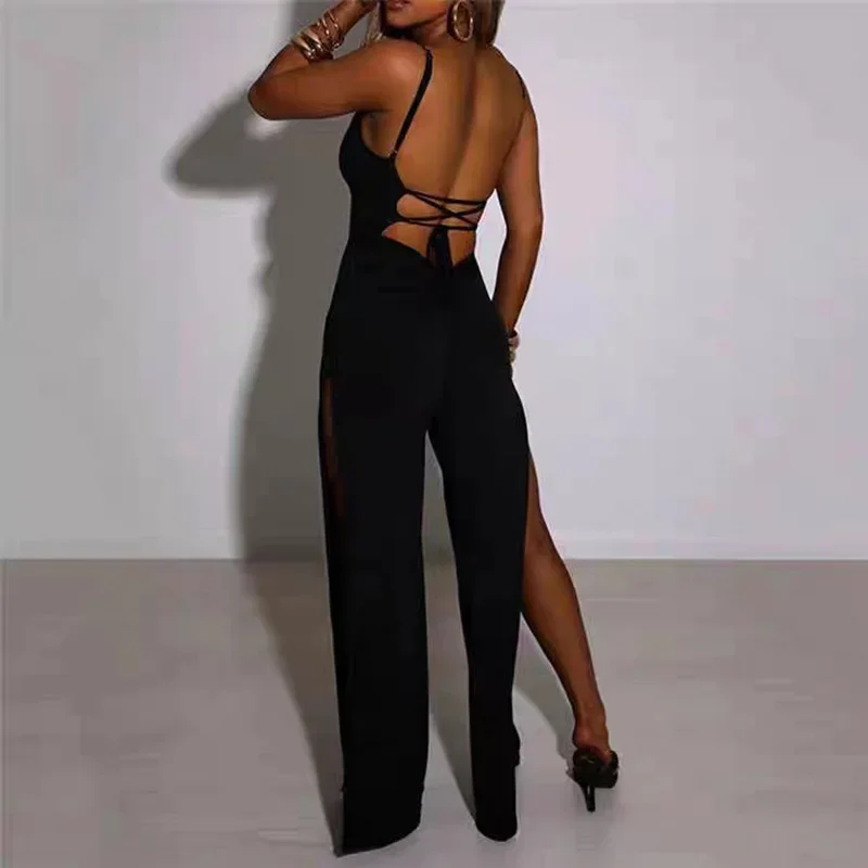 InstaLike-Women\'s Sexy Lace Up Backless Strap Rompers, Slit Overalls, Wide Leg Jumpsuit, Outfits, Streetwear, Summer, Y2K, 2024