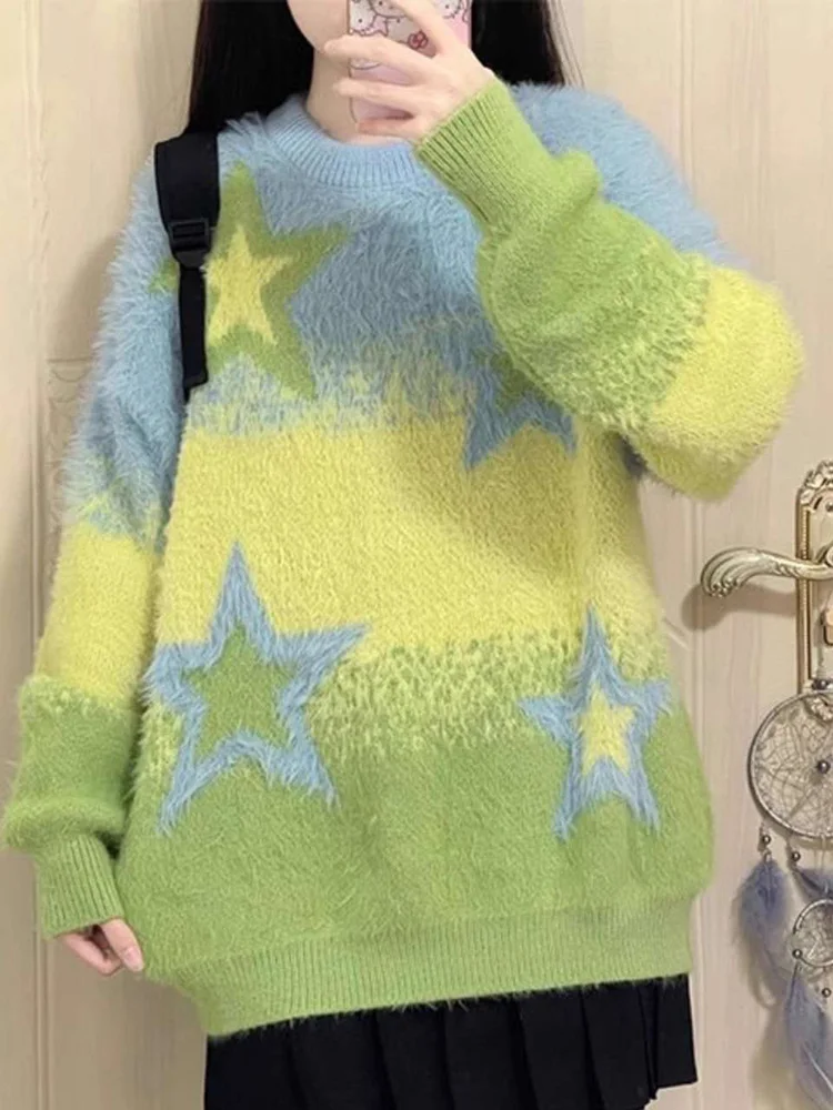 

Faux Mink Cashmere Stars Sweater Women Loose Vintage Long Sleeve Knitted Jumpers American Preppy Style O Neck Retro Pullover New