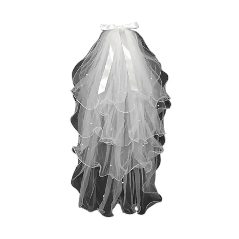 Short 4 Layered Pearl Beaded Tulle Wedding Veils for Brides
