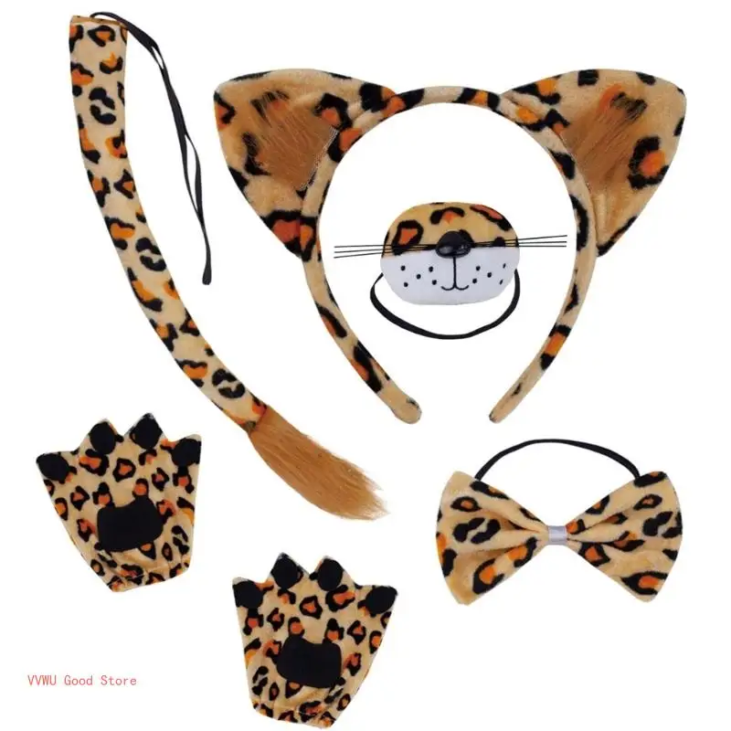 เครื่องแต่งกายสัตว์เสือดาวหูHeadbandsหางBowsจมูกฮาโลวีนCosplays Props