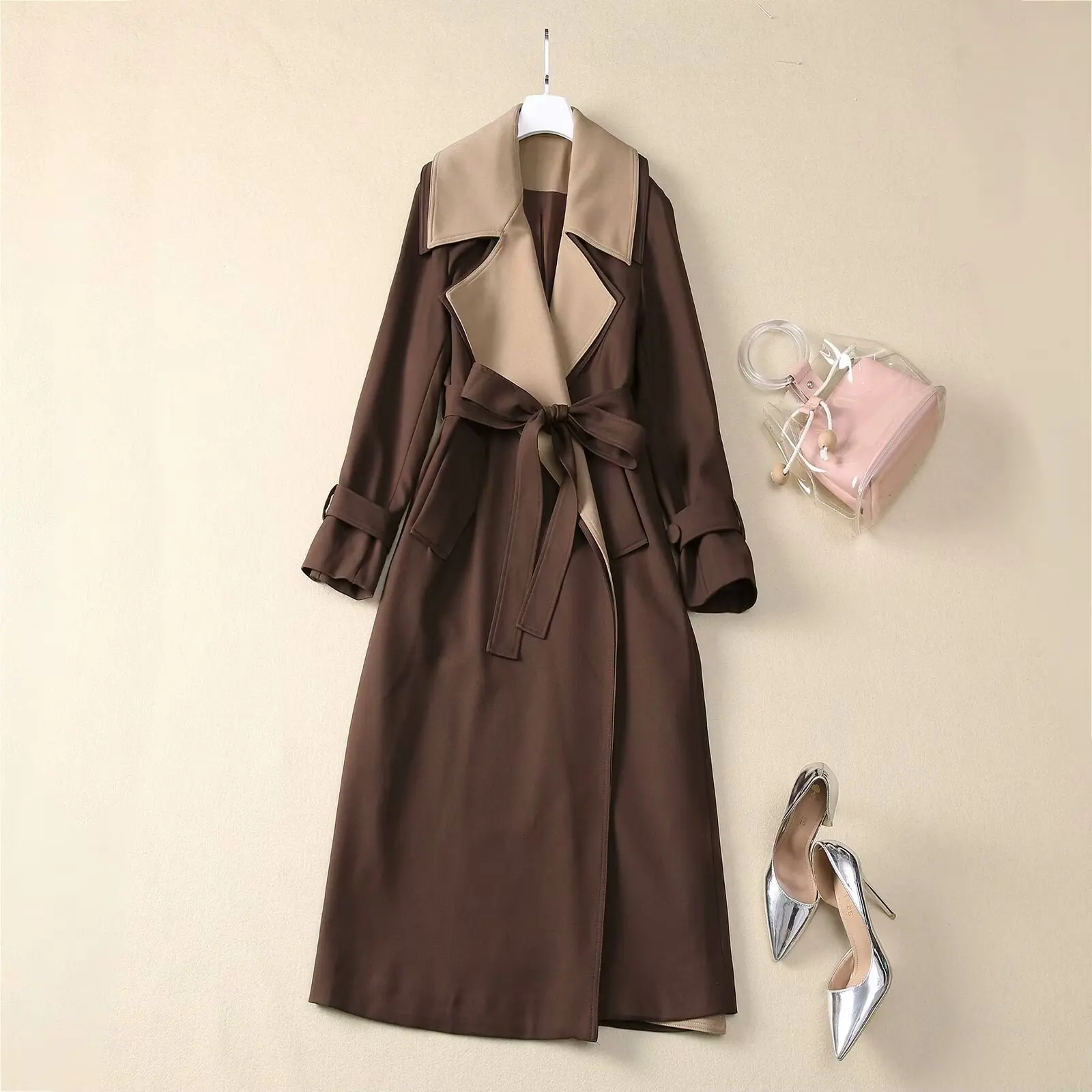 SEQINYY Elegant Long Trench Coat Spring Autumn New Fashion Design Women Runway High Street Vintage Khaki Loose Belt Office Lady