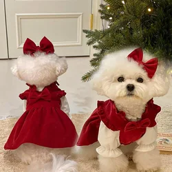 Christmas Dog Dress Pet Clothes Cat Red Pink Suit With White Shirt  Warm New Year Clothing for Cats French Bulldog Party Dress