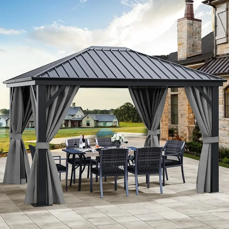 

12ft Hardtop Gazebo with Nettings and Curtains, Galvanized Steel Outdoor Roof for Patio, Backyard