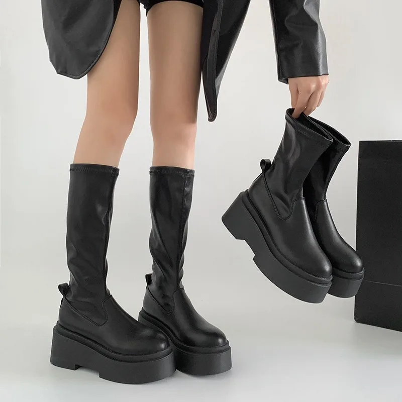 

Fashion Women Chunky Boots Black Retro Height Increasing Slim Fit Long Boot Elegant Sexy High Heel Slip On Boot Botas De Mujer