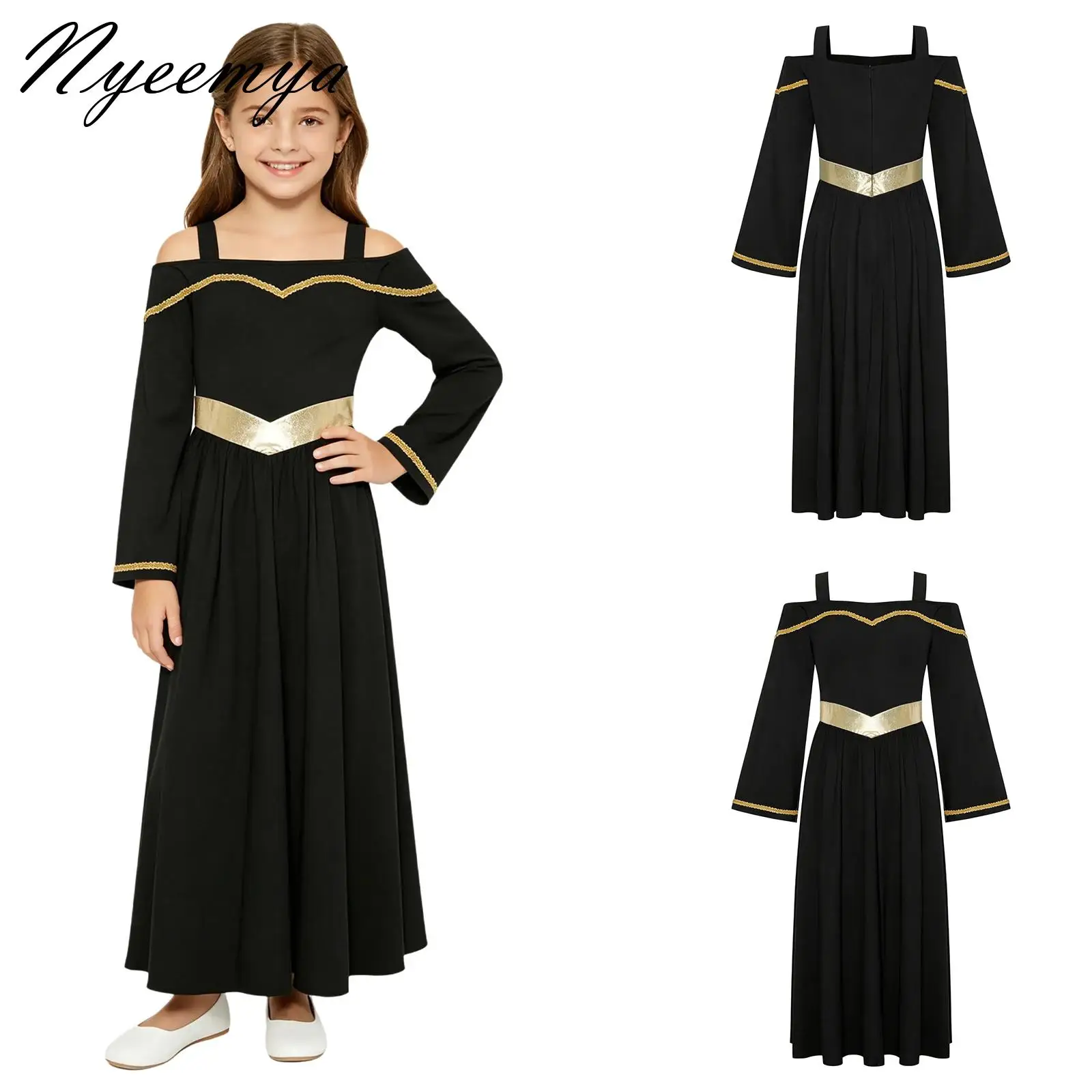 

Girls Choir Worship Dress Robe Lyrical Modern Praise Liturgical Cold Shoulder Long Sleeve Gold Metallic Shiny Waist Maxi Dresses