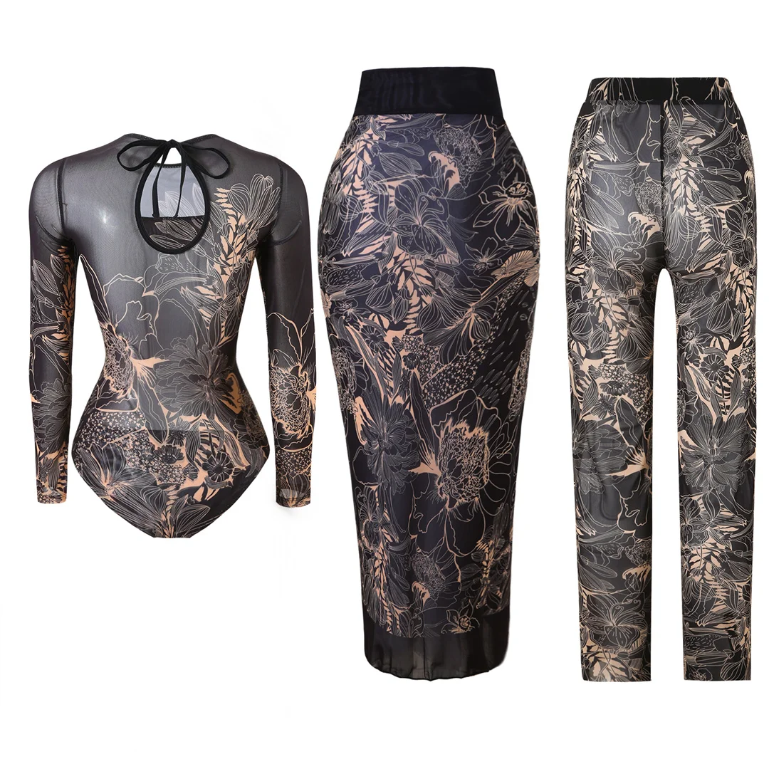 S - XXL 3-teiliges Set, neues, bedrucktes, langärmeliges Badeanzug-Set mit Hose, Sarong, Damen-Badebekleidung, einteiliger Badeanzug, Damen-Badeanzug, Badeanzug V7180 – Detail 24