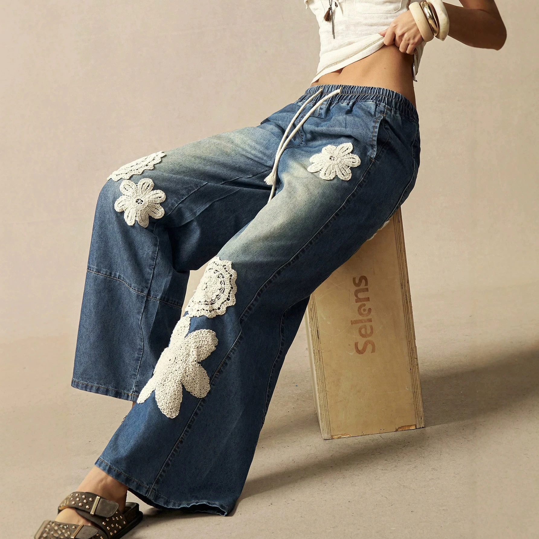 Women Boho Crochet Lace Wide Leg Jeans Elastic Drawstring Waist Loose Floor Length Straight Denim Pants Vintage Spliced Trousers