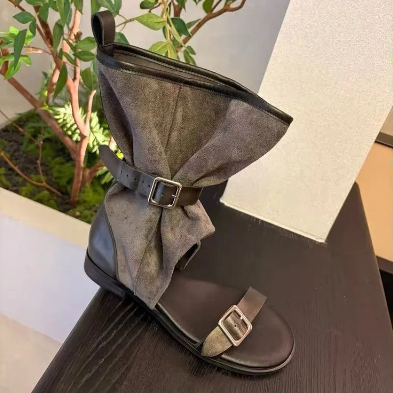 Spliced Metal Buckle Low Heel Sandals Summer New Round Toe Open Toe Soft Sole Women's Shoes