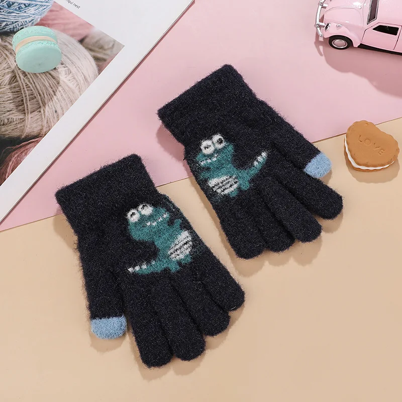 Guantes de punto bonitos para niños de 4 a 10 años, diseño de dinosaurio, Material de felpa grueso y cálido, guantes de invierno para dedos