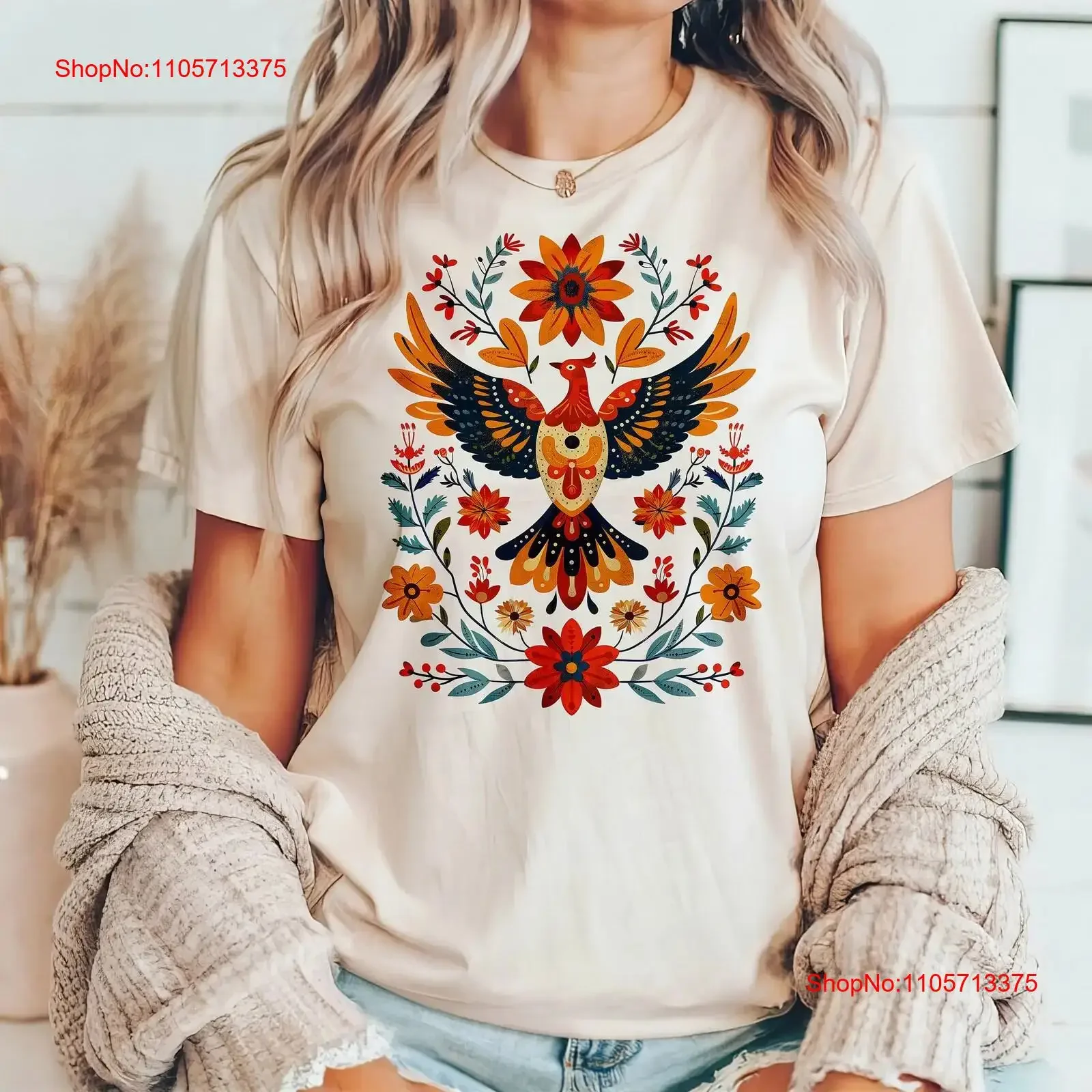 Mexican Otomi Style Dove T Shirt Folk Art Traditional Design Cultural Heritage boho vintage Washed Stretched Casual Stylish