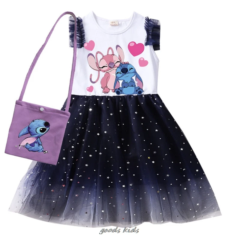 Lovely 2-9Y Lilo And Stitch Baby Girl Summer Party Dress Bag Kids Sleeveless TShirt Sequin Children Dresses Toddler Girl Outfits