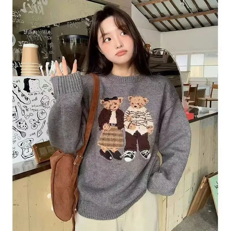 Korean Women O-neck Cartoon Printed Pullover Knitted Sweaters 2025 Autumn Winter New Vintage Korean Version Women Clothing