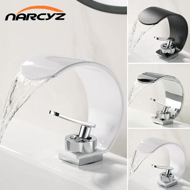 Grifo de lavabo, grifo de cascada blanco en forma de C, lavabo, personalidad creativa caliente y fría, grifo de lavabo de baño W3047