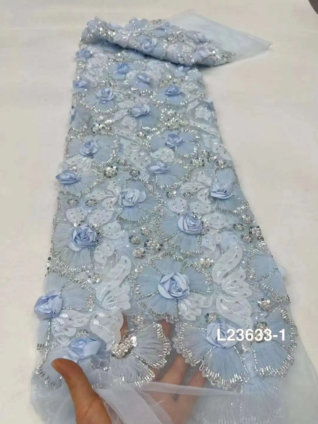 Latest High Quality Elegant Embroidery 3D Flower Lace Fabric African Nigeria Beaded Fabric Wedding Dress