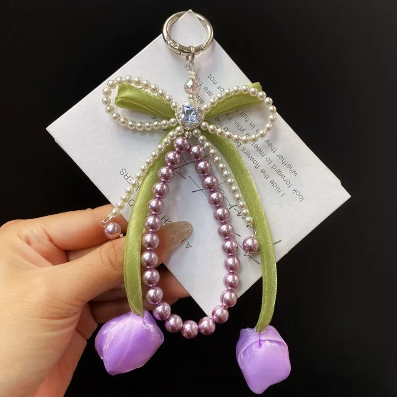 Новый корейский сладкий жемчужный бант, цветок тюльпана, брелок с подвеской в виде сердца, эстетический брелок для ключей для девочек, сумка, подвеска, аксессуары