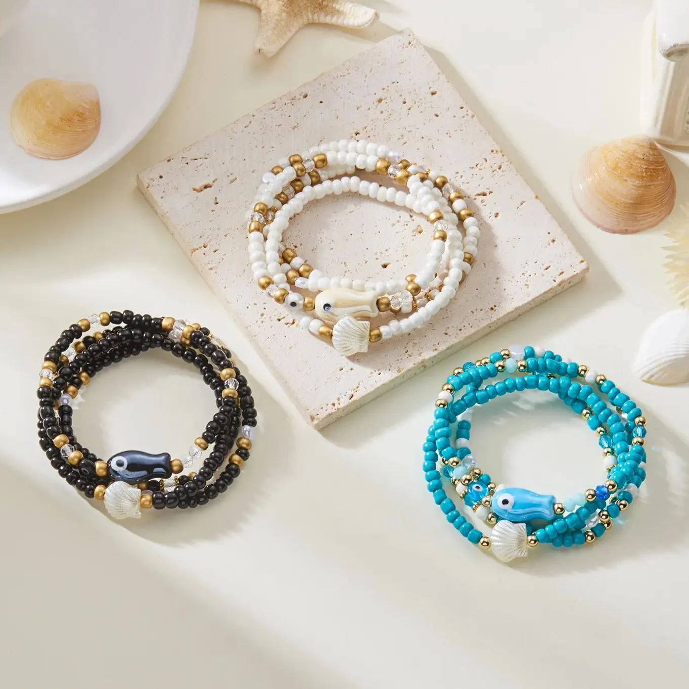 4 ชิ้น/เซ็ตสีฟ้าเซรามิคปลาสร้อยข้อมือลูกปัดผู้หญิง Minimalist Handmade ลูกปัดสร้อยข้อมือมิตรภาพเครื่องประดับของขวัญ