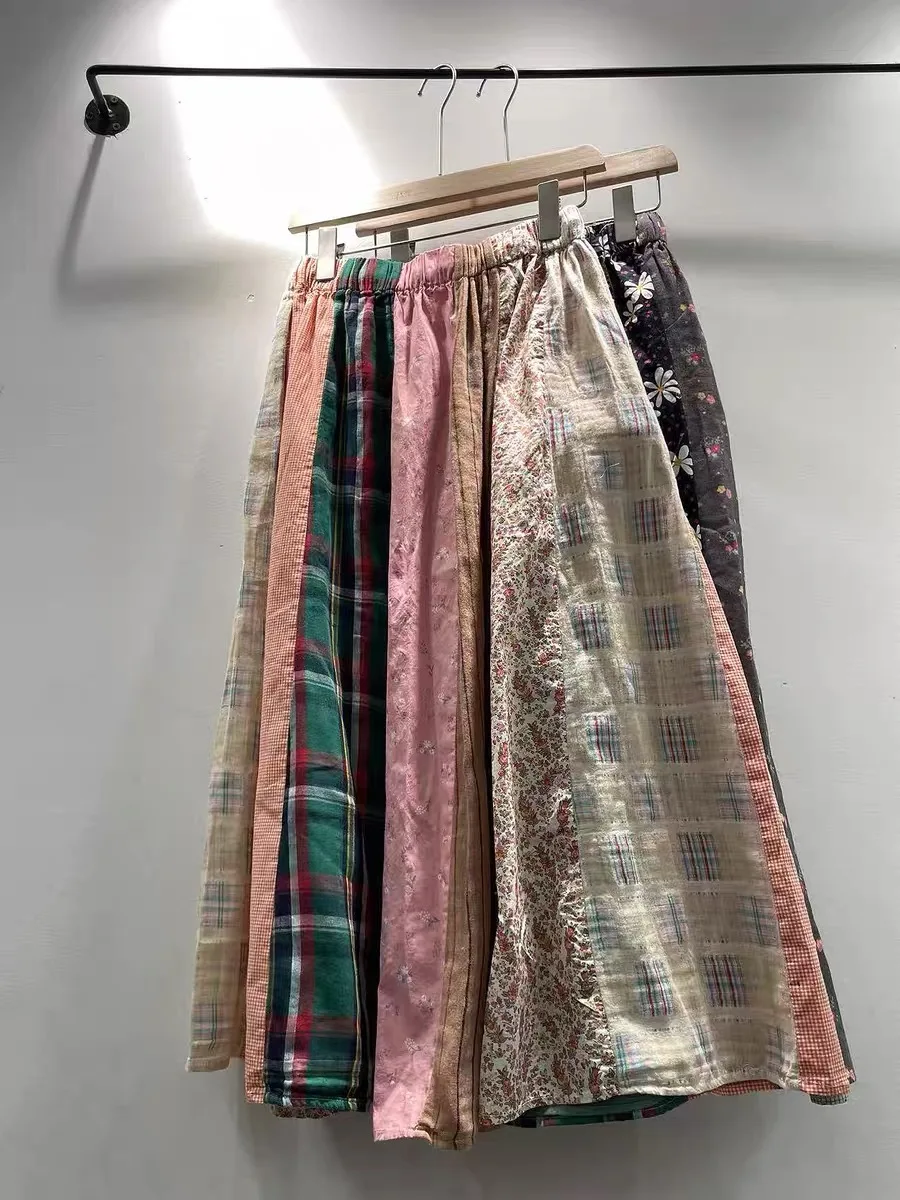 

2026 Mori Girl Style Japan Fashion Elastic Waist 100% Cotton Pure Cotton A-line Skirt Art Design Patchwork Midi Skirts