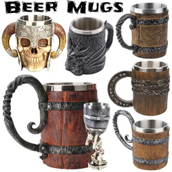 Wooden Barrel Beer Cup Stainless Steel Beer Mug Double Wall Drinking Cups Viking Style Vintage Coffee Mugs Kitchen Supplies