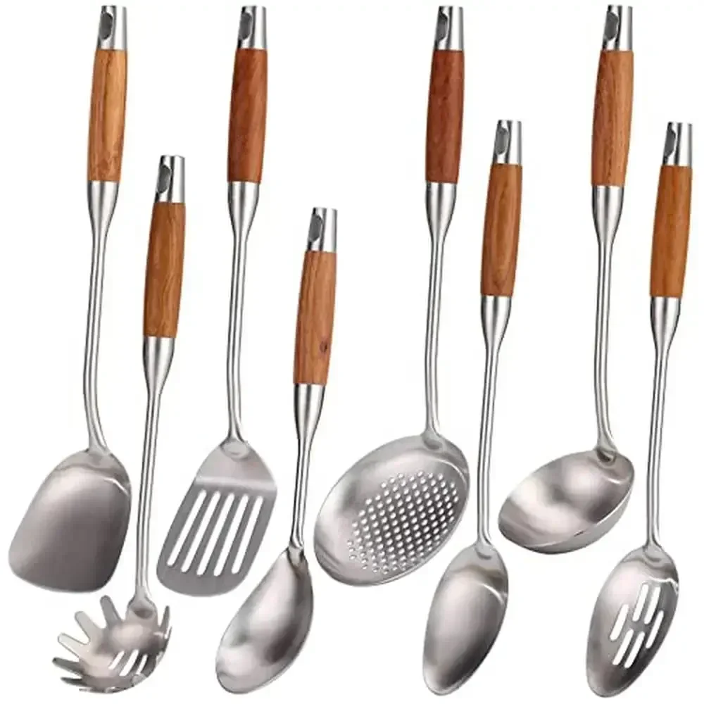 

Stainless Steel Kitchen Utensils Set Wood Handle 8 PCS Metal Cooking Serving Spatula Ladle Set Silver Matte Brushed Finish