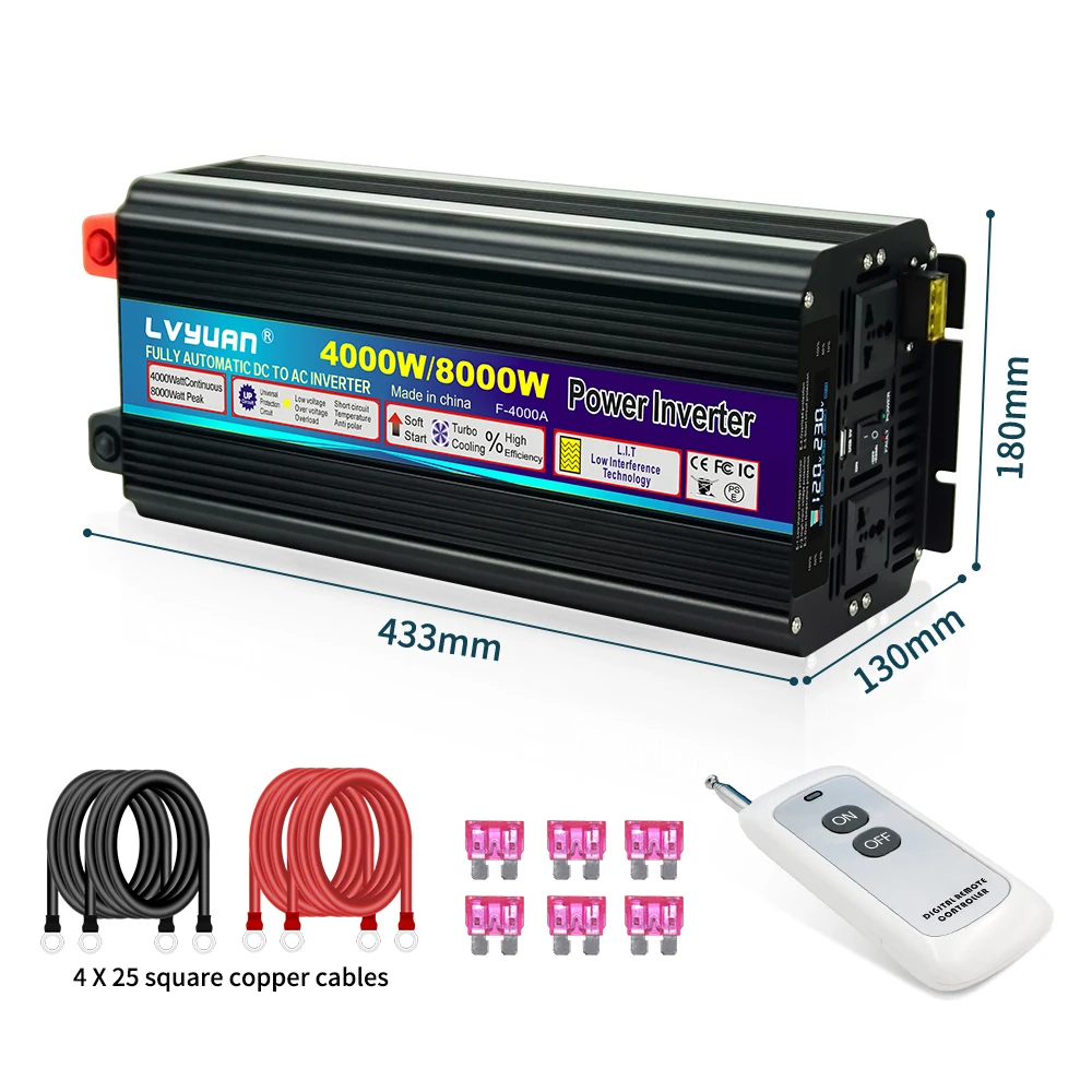 LVYUAN 4000W 8000W Car Converter USB Output Car Inverter Charger 12V DC 220V AC Modified Sine Wave Inverter With 4 Sockets