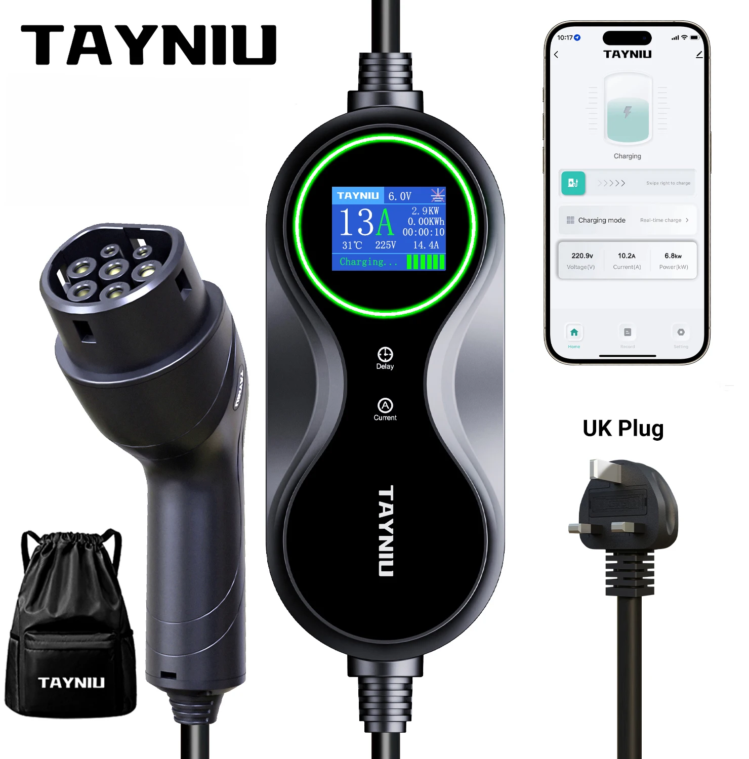 TAYNIU 3KW Portable EV Charger Type 2 UK Plug 13A Support APP Control 5M/10M Cable for BYD MG KIA All Electric Vehicles