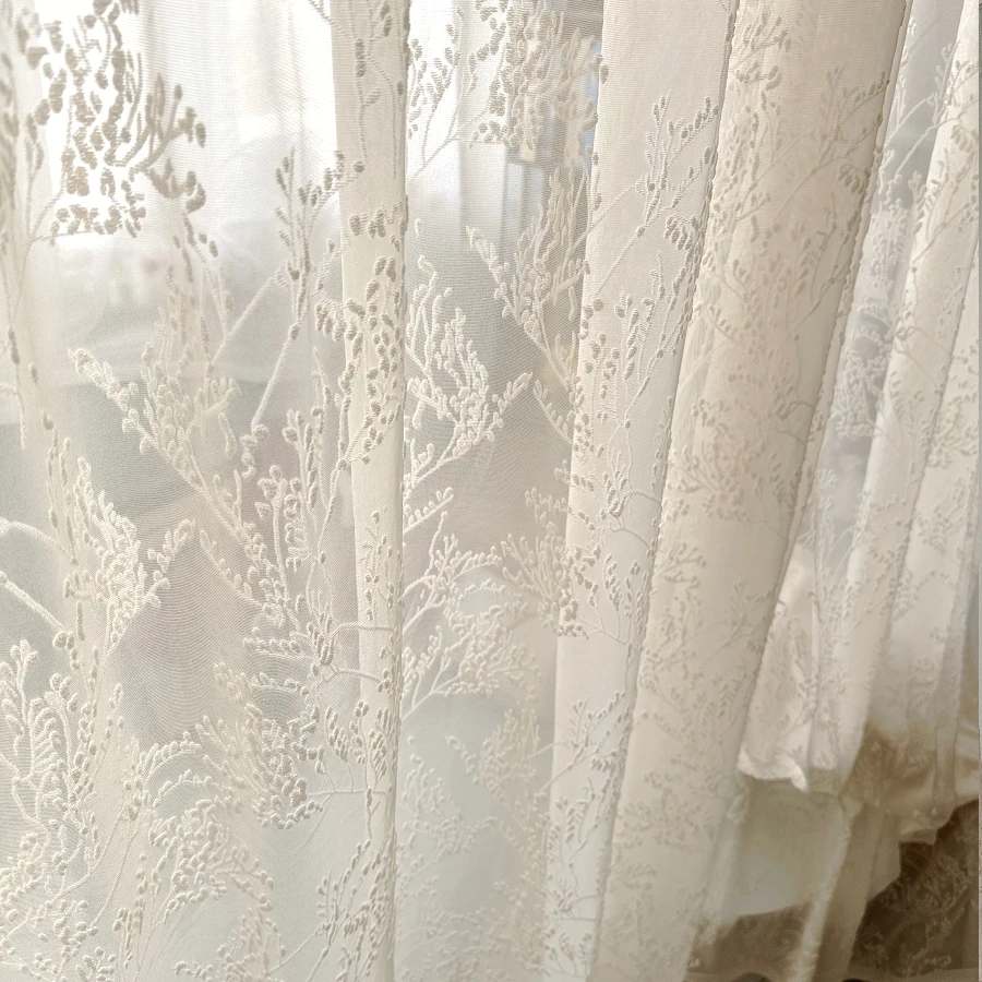 1Pc,French Romantci Cream Beige Color Style Velvet Pole Twig Pattern Opaque Tulle Curtains For Bedroom, Living Room Decoration