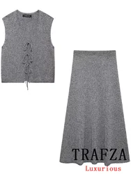 TRAFZA Vintage Casual Chic Dzianinowy garnitur damski Solidna kokarda V-Neck Krótka wąska kamizelka Płaszcz Długa spódnica Nowa moda 2024 Zestawy jesienne