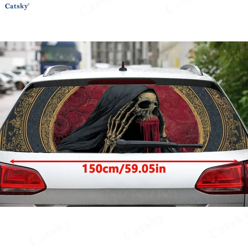 Gothic Reaper Brave Adventure PVC Perforated Car Vinyl Wraps, Durable Car Rear Windshield Sticker, Waterproof Car Rear Window De