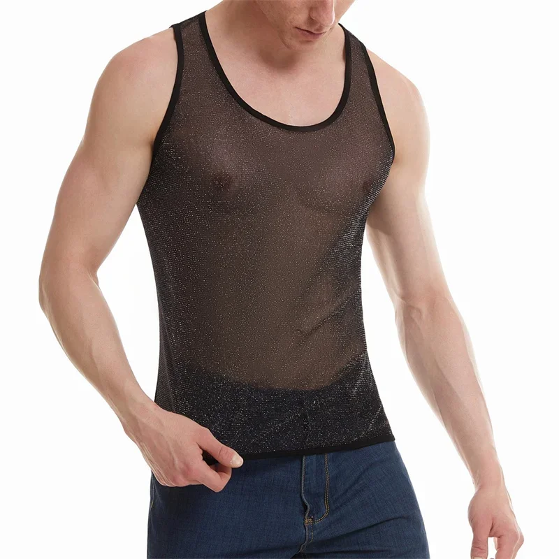 Men Undershirts Shiny Transparent Tight-fitting Sports Fitness Bottoming Vest Breathable Men Undershirt