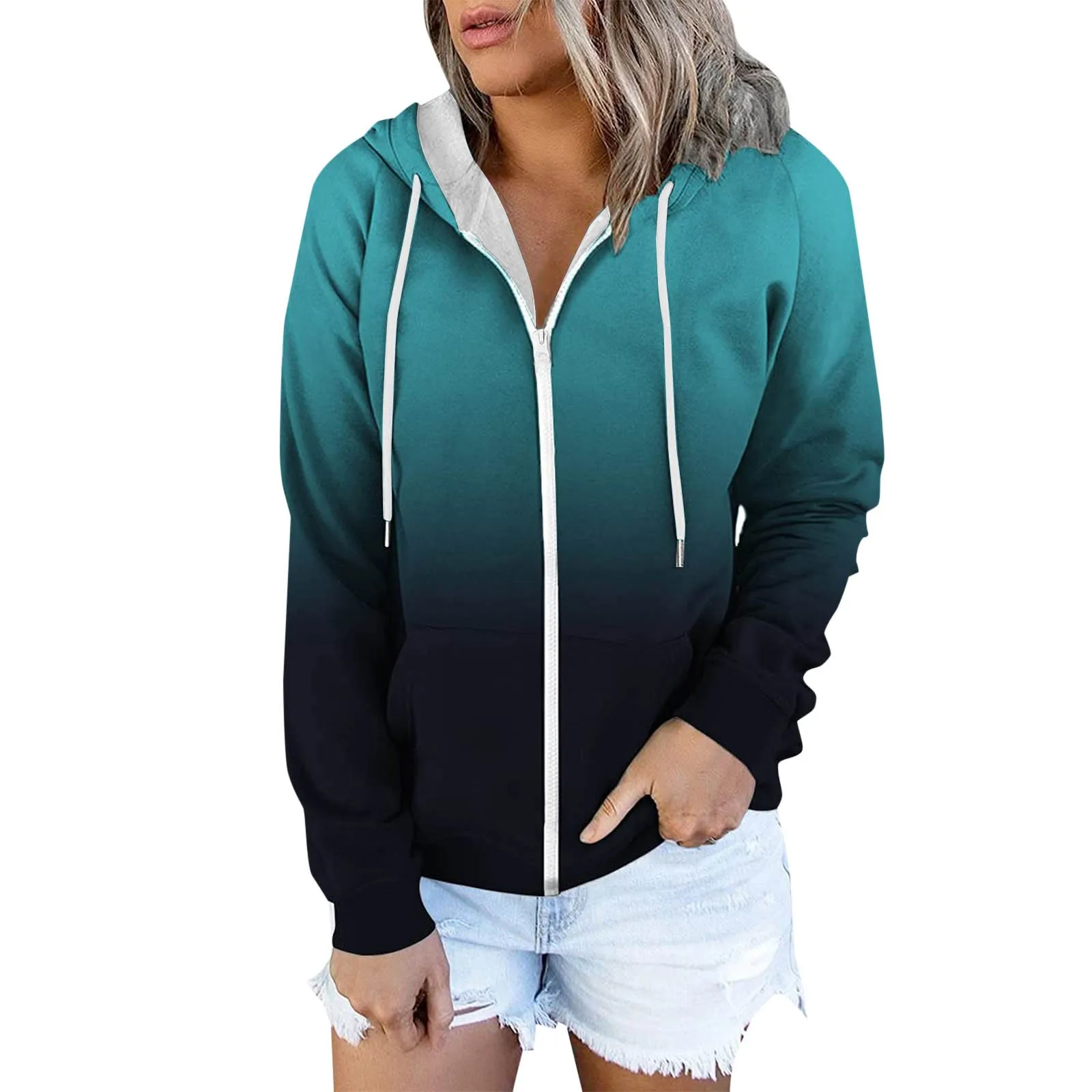 Gradient Zip Up Hoodies Solid Color Zipper Oversized Hoodie 2024 Autumn Drawstring Long Sleeve Sweatshirt Sudaderas De Mujeres