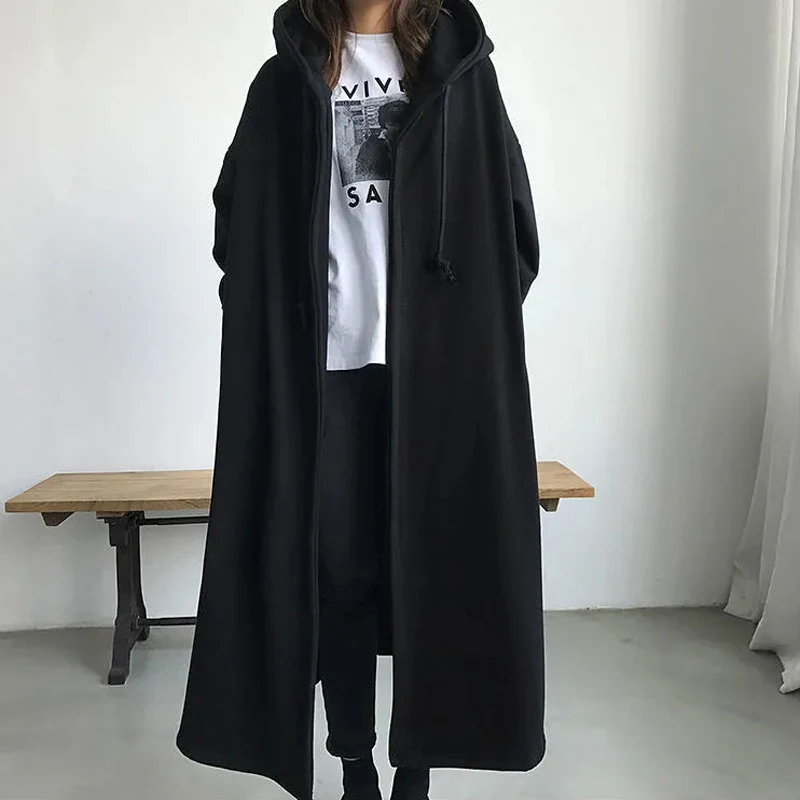 

Plus Size 6XL 150kg Women Fleece Trench Coats Without Zipper Black Color Winter Female Coat Open Ladies Casual Streetwear