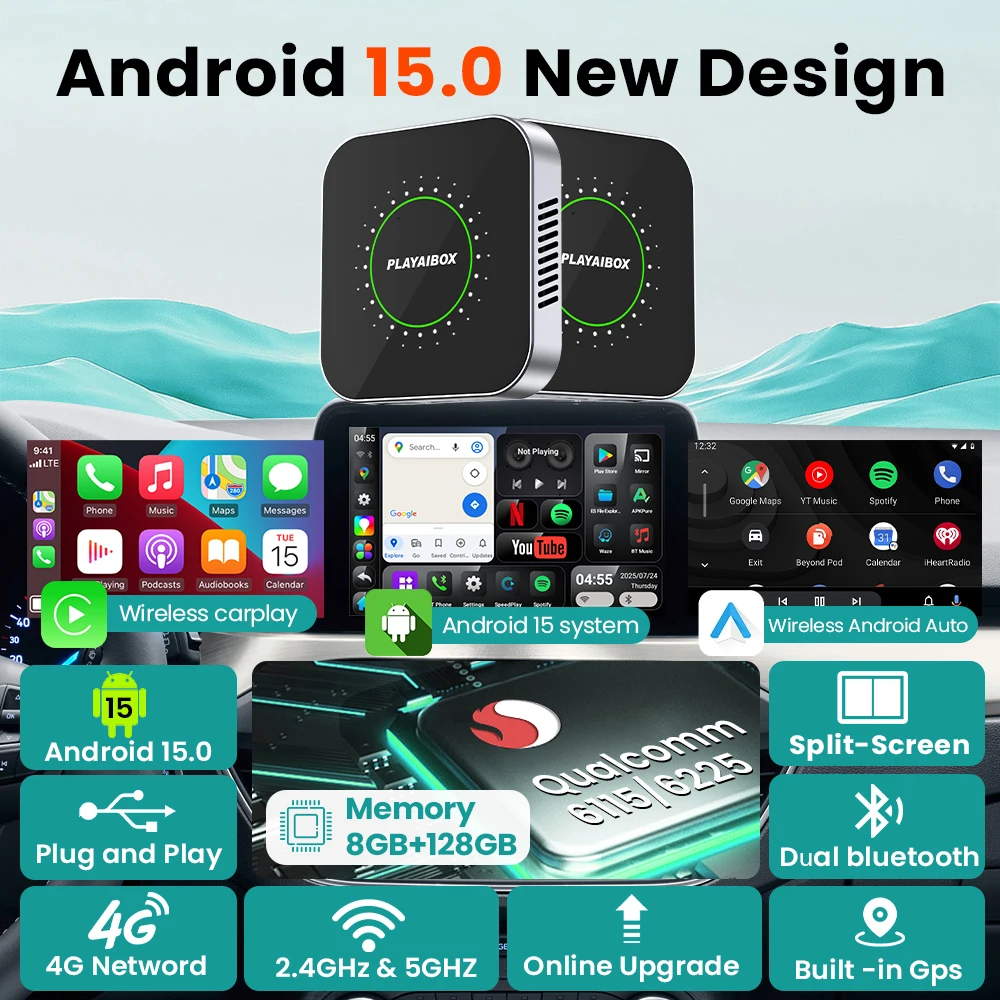 กล่อง Carplay Ai Android 15 Wireless Carplay Android Auto 8GB+128GB สำหรับรถยนต์ที่มี Carplay ในตัวสำหรับ Audi Opel Citroёn Nissan
