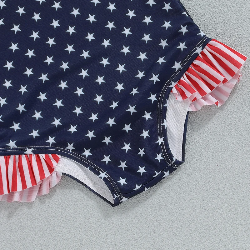 Cute Baby Girl Fourth of July Stars and Stripes Square Neck Tie-Up Spaghetti Strap Swimsuit Toddler Bathing Suit Beachwear