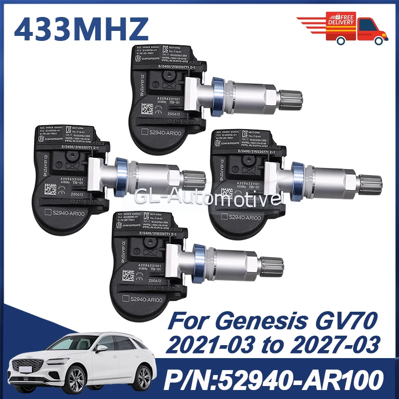 1/4 Uds 433MHZ 52940-AR100 Sensor de presión de neumáticos Sensor TPMS para Genesis GV70 2021-03 a 2027-03