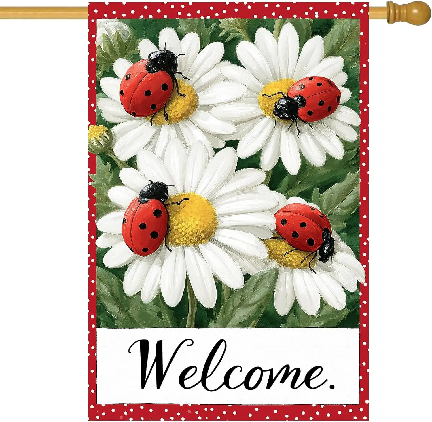 Ladybug Daisy House Flag 28 x 40 Inch Double Sided Garden Welcome Flag with Red Polka Dot Border for Spring Summer Outdoor Y SSL