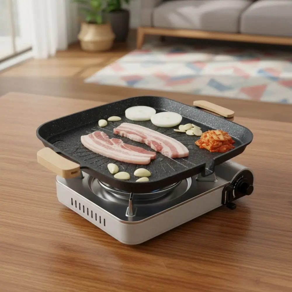 Nonstick Korean Square Grill Pan with Oil Outlet Rapid Heating Barbecue Tray Binaural Design Aluminum Alloy Barbecue Plate Home