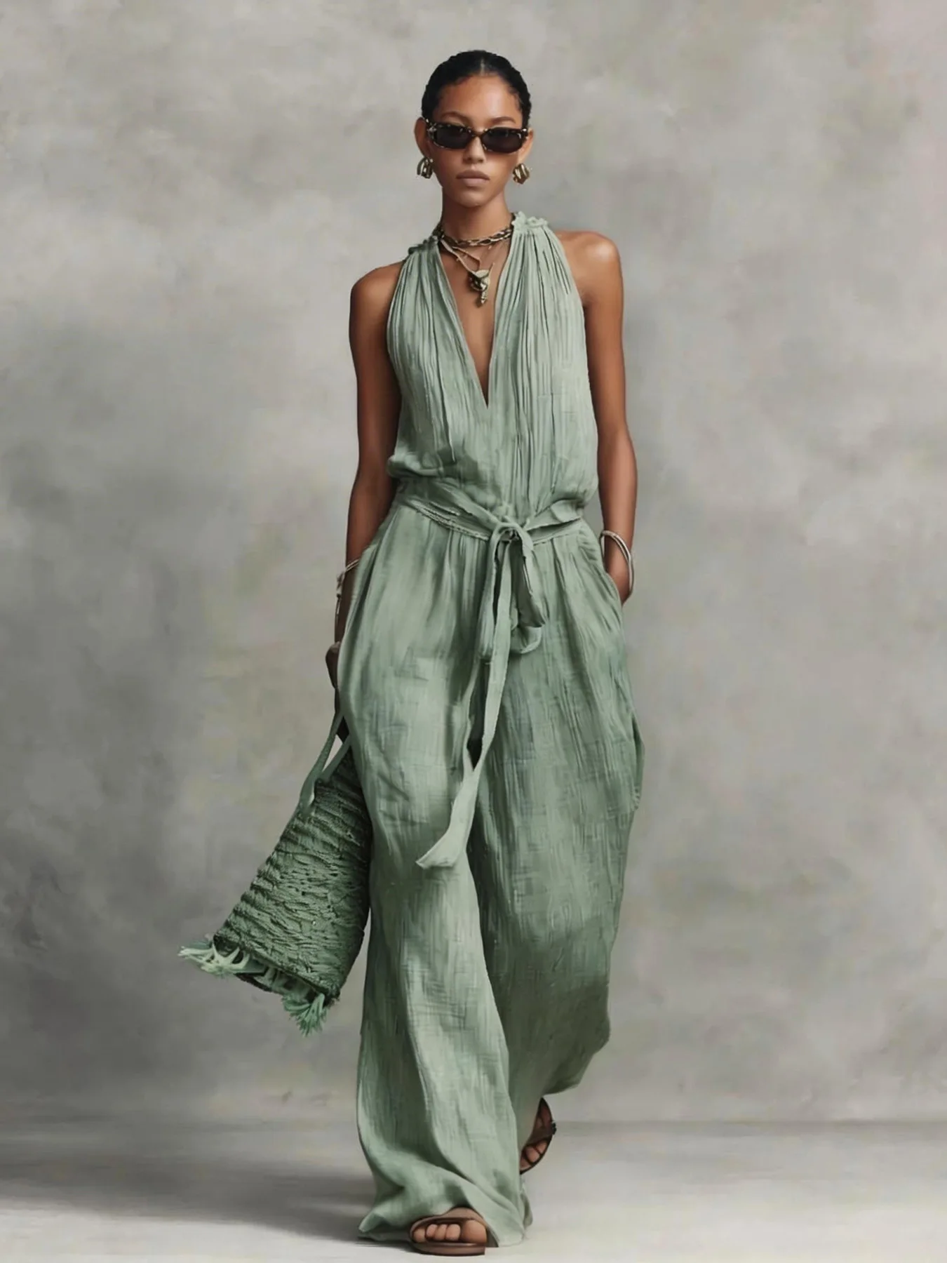 Gaun Musim Panas Wanita Linen Tanpa Lengan, Kerah Gantung, Tanpa Punggung, Tali Serut, Jumpsuit Liburan, Warna Solid, Kasual, Longgar
