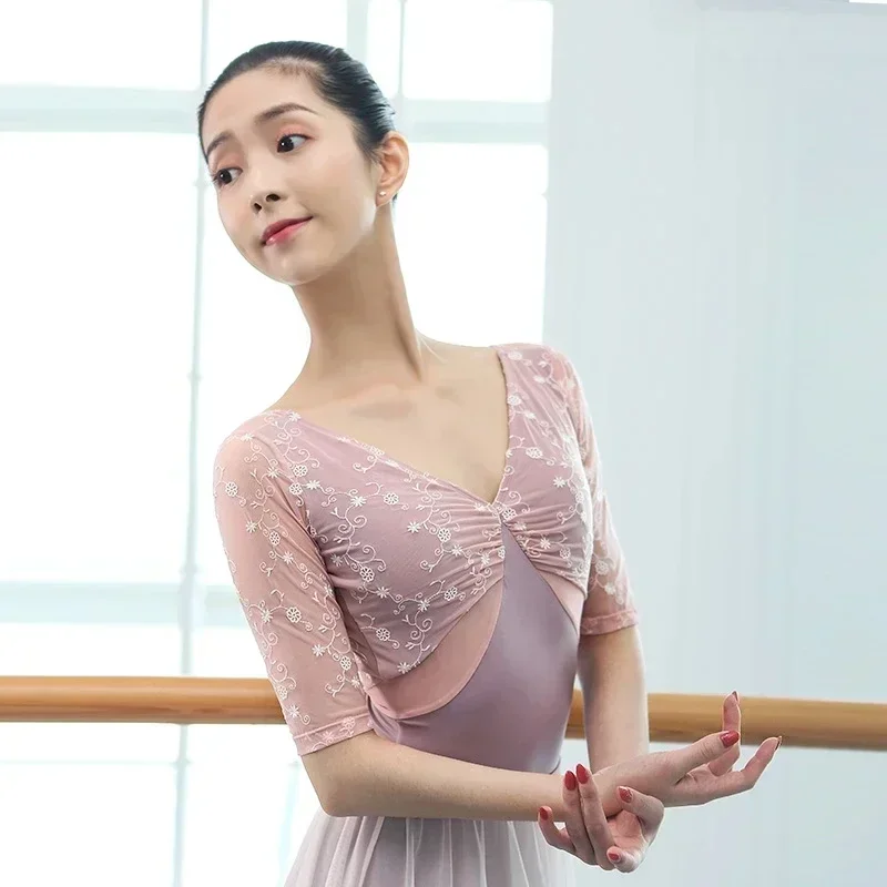 新しい V ネックダンス刺繍花体操レオタード女の子大人ミドルスリーブ結合ボディトレーニングバレエレオタード