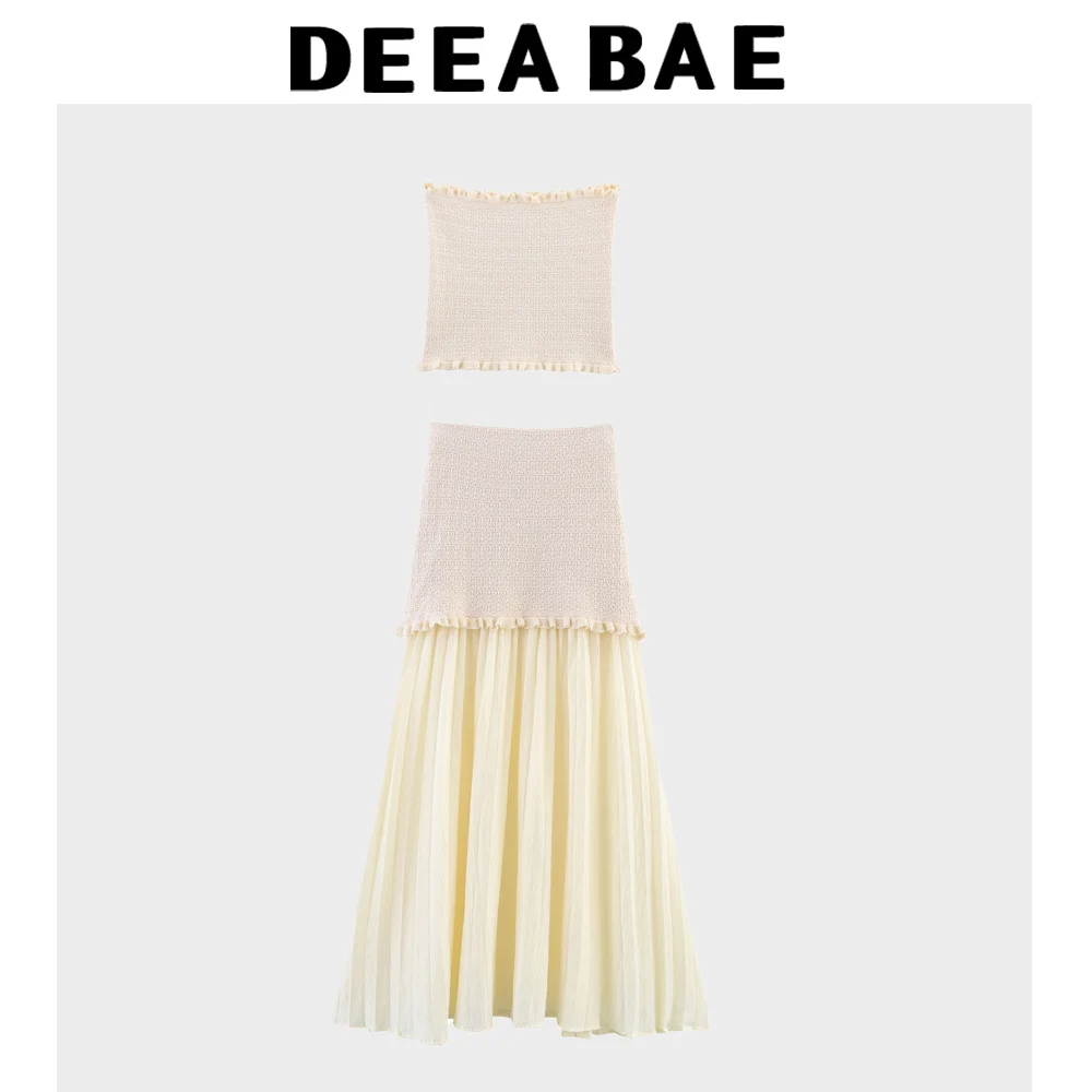 

DEEABAE Summer New Women's Fashion Off Shoulder Straight Collar Elastic Knitted Chest Wrapping Top Half Skirt Set