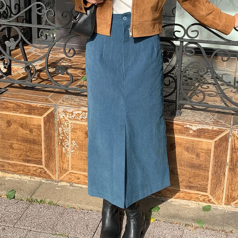 Vintage 100% Cotton Corduroy Skirst For Women Autumn And Winter High Wasit Hip Split Long Casual Straight Harajuku Flared Skirt