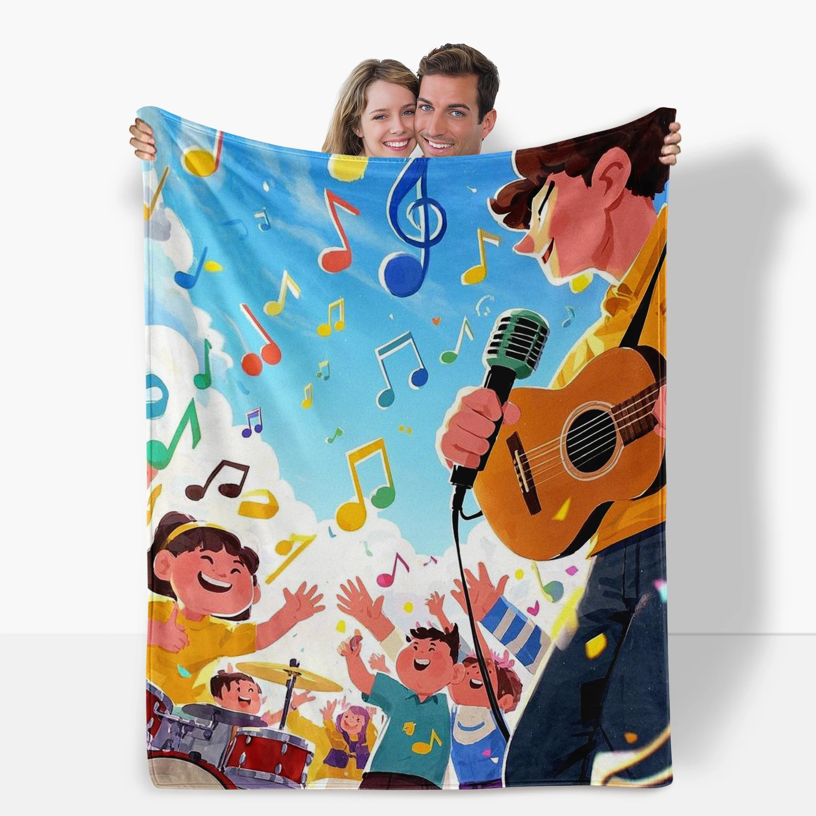 Cartoon Crowd Playing With Musical Notes Blanket, Captures Festival Joy. Ideal For Family, Friends Or Kids.