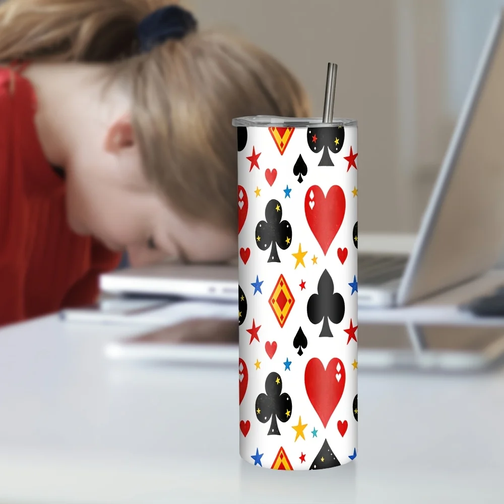 1pc/20oz/590ml/Double Wall Stainless Steel Insulated Skinny Tumbler with Straw And Lid,Outdoor Travel Coffee Mug,Playing Card Pattern with Stars and Hearts - Perfect for Holiday Gifts,Perfect for Birthday And Holiday Parties,Thanksgiving Gifts