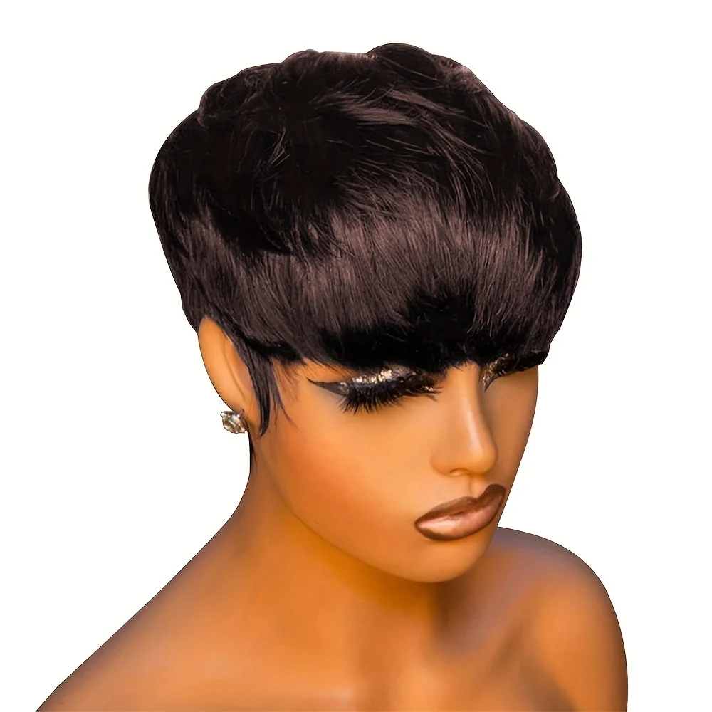 픽시 컷 스트레이트 인모 가발 여성용 전체 기계 제작 인모 가발 150% 밀도 6인치