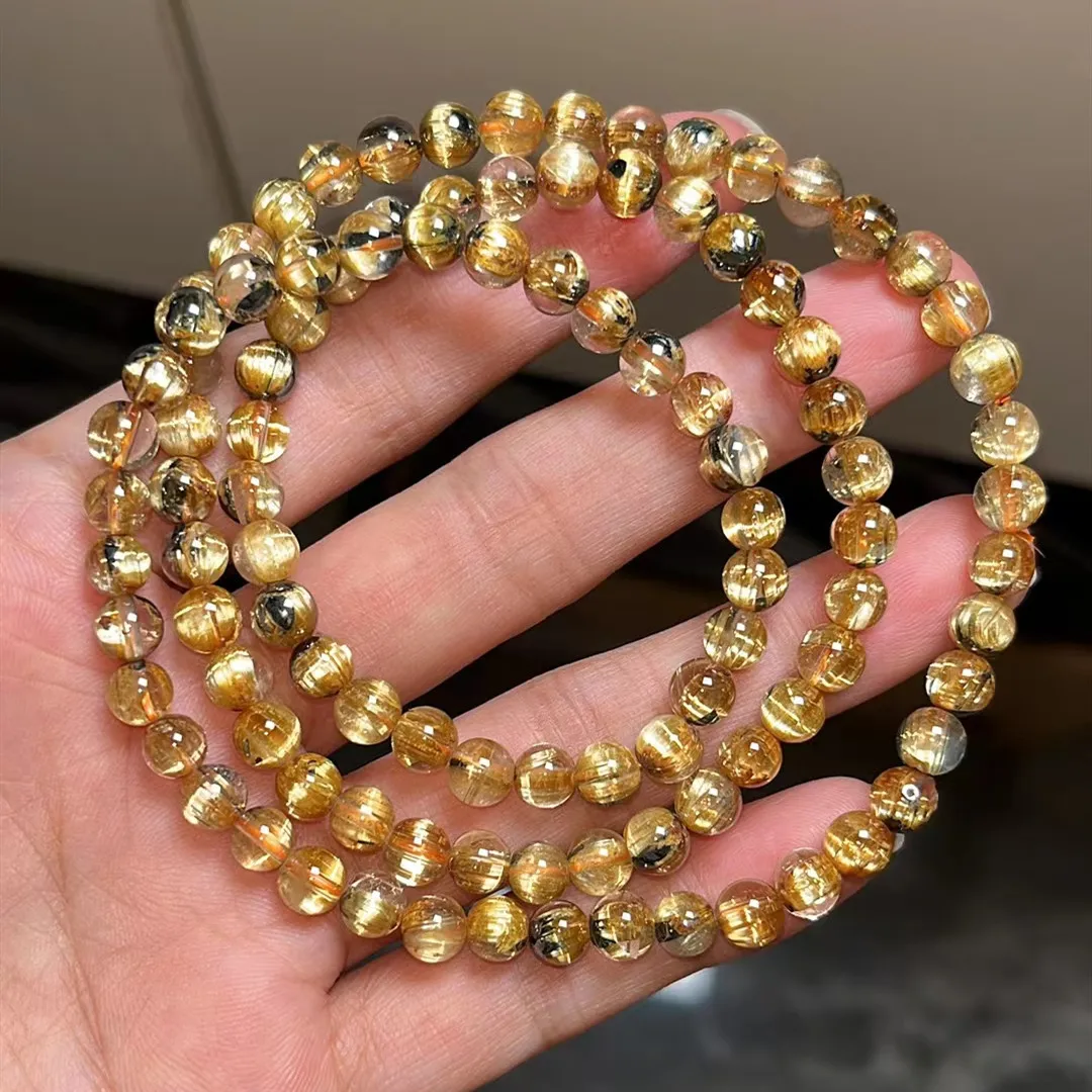 Natural Gold Rutilated Quartz Titanium beads Bracelet Wealthy Woman Men 5.8mm Clear Round Beads Jewelry From Brazil AAAAAAA