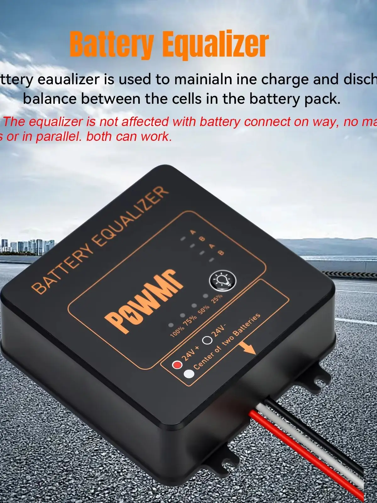 PowMr BE24 Batterieausgleicher mit LED-Anzeige, 24V Dual 12V Blei-Säure-Balancer, kaskadierbar für Solar- und Wohnmobil-Speicherbatterien, Spannungsausgleicher, 2 Stück für 36V, 3 Stück für 48V