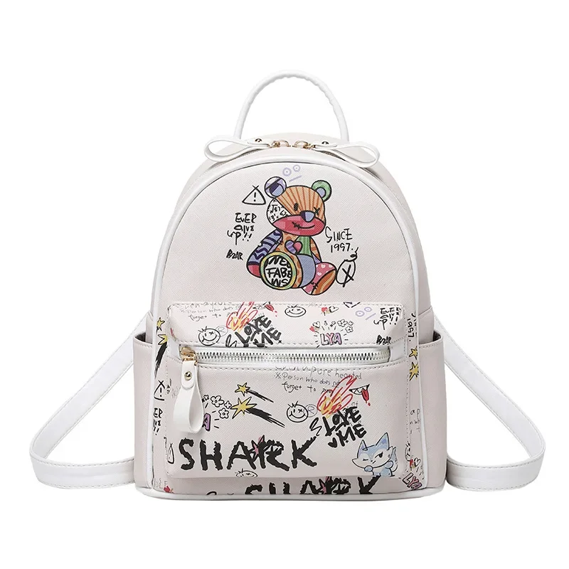 New Korean Fashion Personality Bear Graffiti Pu Womens Small Backpack Mini School Bag Casual High Capacity Schoolbags