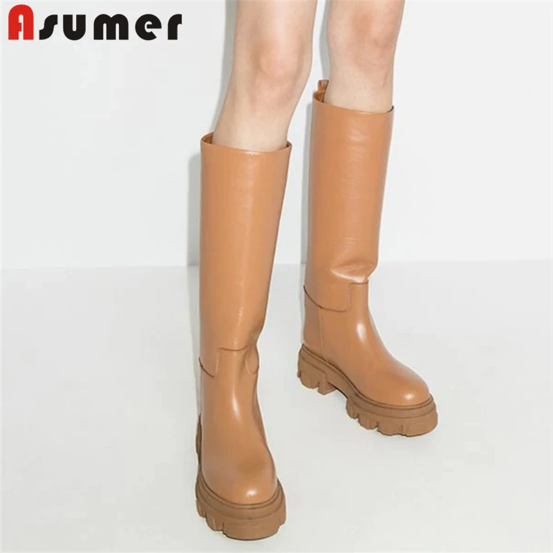 ASUMER Plus Size 34-41 New Ins Brand Full Genuine Leather Boots Women Slip On Autumn Winter Knee High Boots Ladies Fashion Botas